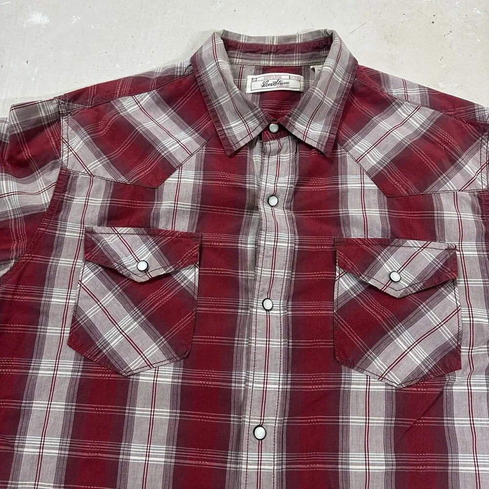 Levi’s Shirt Mens Large Red Western Style Button Up Plaid White pockets READ